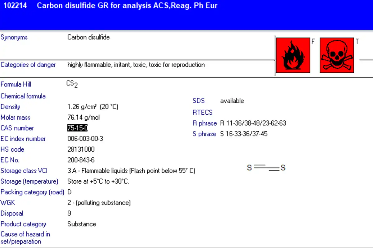 کربن دی سولفید (Carbon disulfide) 2 اطلاعات فنی کربن دی سولفید از کتاب مرک