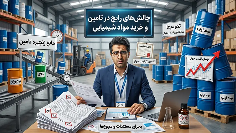 فروشنده مواد شیمیایی و مخاطرات آن! 4 شخصی پشت میز به عنوان نمادی از فروشنده مواد شیمیایی که عناوین چالشهای این صنف در اطراف او است