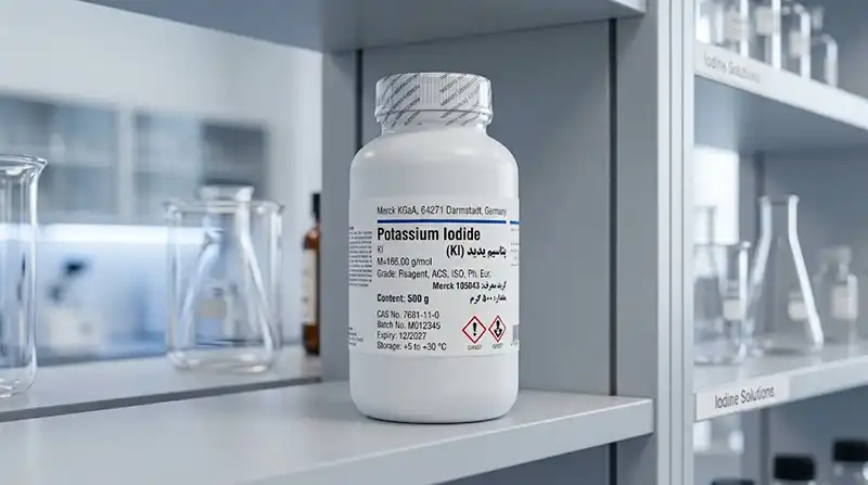 پتاسیم یدید (potassium iodide) 4 قوطی پتاسیم یدید دارویی و آزمایشگاهی در طبقه آزمایشگاه