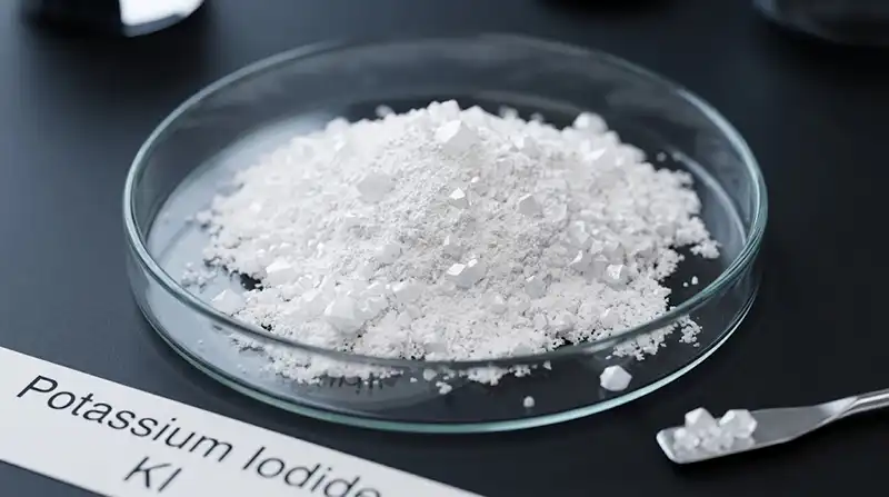 پتاسیم یدید (potassium iodide) 1 پودر پتاسیم یدید آزمایشگاهی بر روی میز