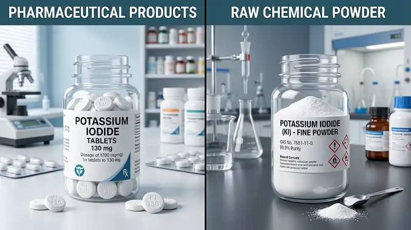 پتاسیم یدید (potassium iodide) 3 کنار هم قرار دادن قرص و پودر پتاسیم یدید بر روی میز